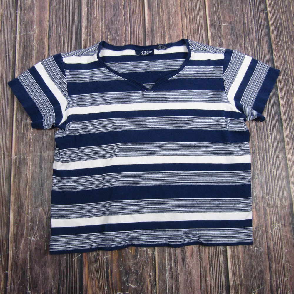 C.B. Casual T Shirt Women PL Blue White Striped Cotton V-Neck Grannycore Top